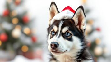 Festive husky wears Santa hat in a cozy holiday setting with decorated trees in the background photo