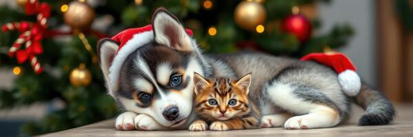 Festive puppy and kitten cuddle together under Christmas decorations in a cozy indoor setting photo