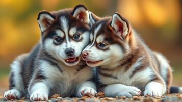 Twin husky puppies relaxing together in a warm autumn setting during golden hour photo