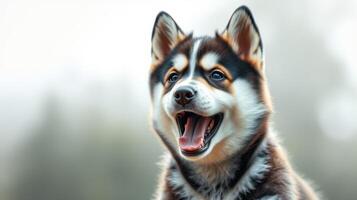 Happy dog with a bright expression sits in a soft light setting outdoors surrounded by nature photo