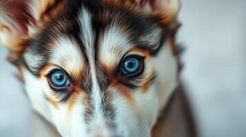 Beautiful husky puppy with striking blue eyes gazes curiously at the viewer on a light background photo