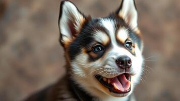 Happy puppy with striking fur pattern sitting indoors during daytime photo