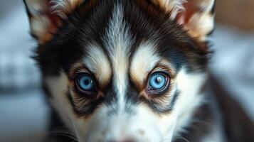 Cute husky puppy with striking blue eyes gazes directly at the camera in a cozy indoor setting photo