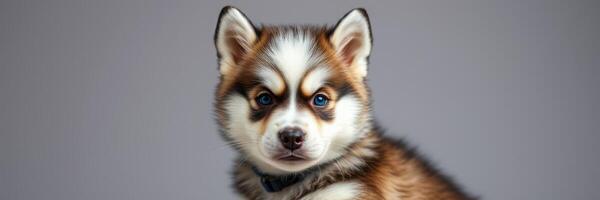 Beautiful husky puppy sitting calmly against a neutral background in a stylish indoor setting photo