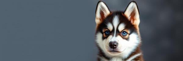Beautiful husky puppy with striking blue eyes and a mysterious expression against a soft gray background photo