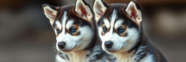 Playful husky puppies sit together in a sunny outdoor setting, capturing hearts with their adorable expressions photo