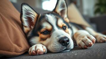 Cute corgi puppy relaxing on a cozy couch in a bright living room during the afternoon photo