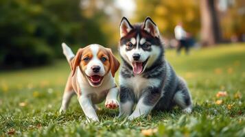 Two playful puppies running together in a sunny park during a warm afternoon photo