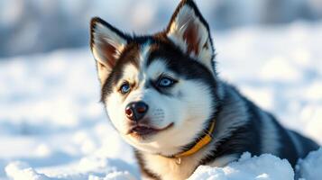 Siberian husky puppy enjoys winter snow in a serene natural landscape under the bright sunlight photo