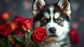 Cute puppy posing with a red rose surrounded by blooming roses in a warm, intimate setting photo