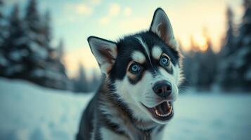 Happy husky dog playing in the snowy forest during golden hour photo