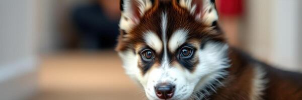 Siberian husky puppy with striking features explores a cozy home environment during the day photo