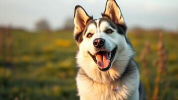Happy husky enjoying a sunny day outdoors in a lush green field during golden hour photo