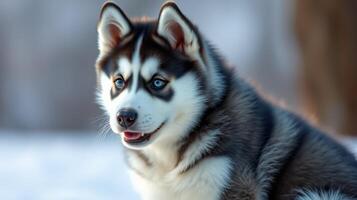Cute fluffy husky puppy sitting in the snow during a sunny winter day photo