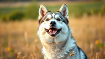 Happy husky enjoying a sunny day in a golden field during the afternoon photo