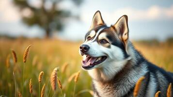 Happy husky enjoying a sunny day in a golden field with tall grass and gentle breeze photo