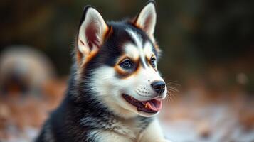 Cute husky puppy resting outdoors on a sunny day surrounded by nature and soft grass photo
