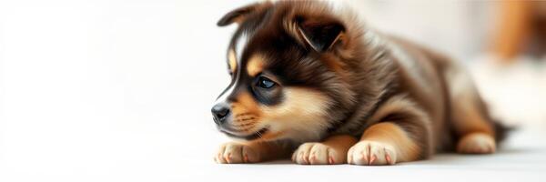 Cute puppy relaxing on a soft surface indoors during a sunny afternoon photo