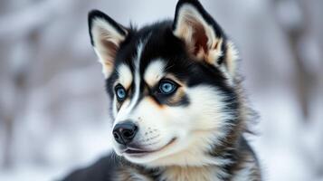 Cute husky puppy with striking blue eyes posed in a snowy landscape during winter photo