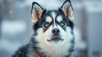 Beautiful husky with striking blue eyes gazes curiously during a winter snowfall in a serene outdoor setting photo