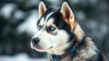 Beautiful Siberian Husky gazing into the distance on a snowy winter day photo