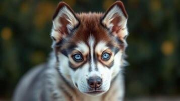 Playful husky puppy rests outdoors with striking blue eyes and unique fur patterns in a lush green background photo