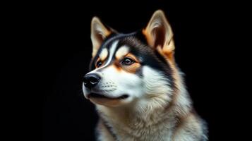 Beautiful husky dog with striking features and expressive eyes against a dark background photo