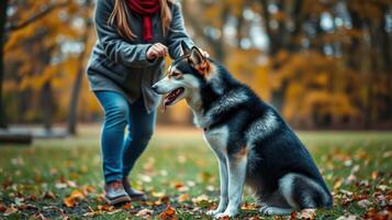 Dog and owner enjoying autumn walk in a park with fallen leaves photo