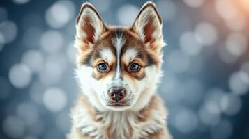 Cute puppy with striking blue eyes looking directly at the camera in a blurred bokeh background during soft lighting photo