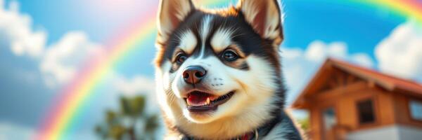 Happy husky puppy enjoys a sunny day under a rainbow at a cozy home in the countryside photo
