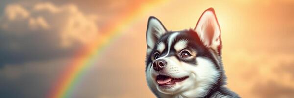 Happy dog under a rainbow and sunset in a serene landscape photo