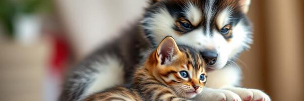 Cute puppy and kitten cuddling together in a cozy indoor setting during daytime photo