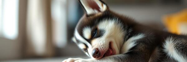 Cute husky puppy resting comfortably indoors with playful demeanor and soft features photo