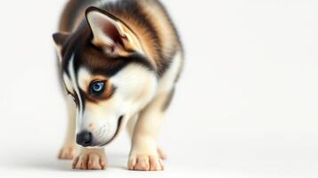 Cute young dog exploring its surroundings with curiosity in a bright and minimalistic indoor setting photo