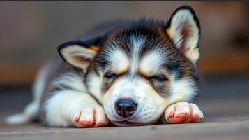 Sleeping husky puppy rests peacefully on a warm surface in a cozy indoor environment during the afternoon photo