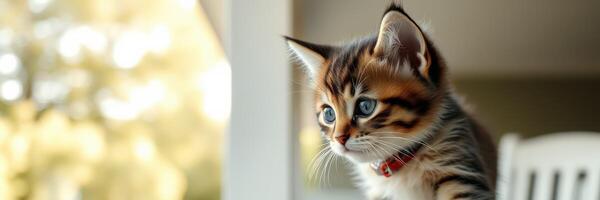 Playful kitten observes the world from a sunlit window during a warm afternoon photo
