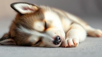 Adorable husky puppy sleeping peacefully on the floor in a warm, cozy environment photo