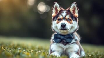 Dog in a bow tie poses elegantly on the grass during a sunny day in a park setting while capturing attention with its charm photo