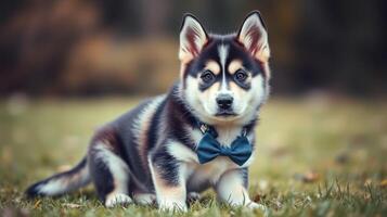 Adorable puppy wearing a bow tie sitting in a park during late afternoon photo