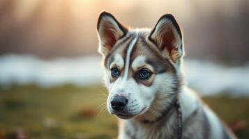 Husky puppy enjoys a serene winter evening in a snowy landscape with a colorful sky at dusk photo