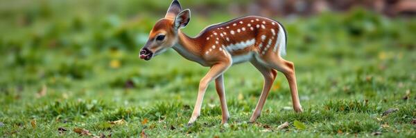 Young deer grazes on green grass in a serene natural setting during daylight hours photo
