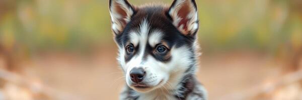 Cute husky puppy with striking features sitting outdoors during golden hour photo