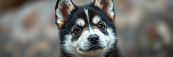 Young black and white puppy with curious expression sitting on a soft surface in a cozy environment during daylight photo