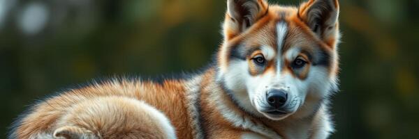 Beautiful dog with striking fur colors relaxing in a serene outdoor setting during golden hour photo