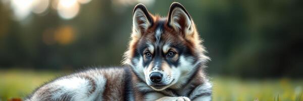 Beautiful husky resting in a sunny meadow surrounded by lush greenery during golden hour photo