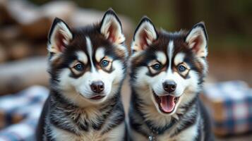 Two playful husky puppies sitting together outdoors, showcasing their vibrant fur and expressive faces in a natural setting photo