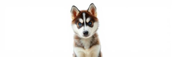 Cute Siberian husky puppy sitting against a plain background, showcasing its fluffy fur and bright eyes photo
