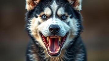 Siberian Husky showing teeth with striking blue eyes in a natural outdoor setting at sunset photo