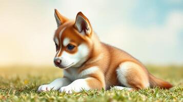 Cute husky puppy relaxing on green grass under a blue sky during a sunny afternoon photo