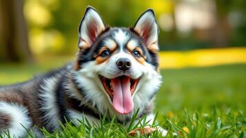 Happy dog enjoying a sunny afternoon in a lush green park with vibrant flowers and a joyful demeanor photo